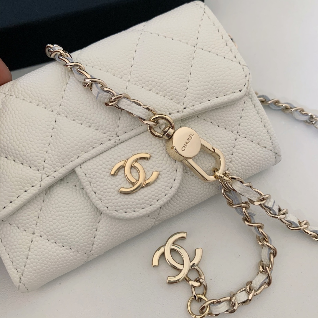 Bagsaaa Ch**el Flap Belt Bag White Caviar - 11 ×2 ×7.5cm