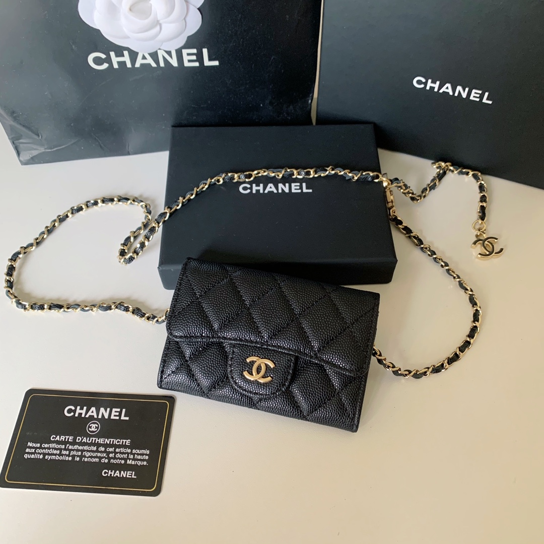 Bagsaaa Ch**el Flap Belt Bag Black Caviar - 11 ×2 ×7.5cm