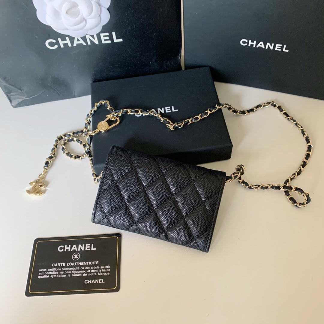 Bagsaaa Ch**el Flap Belt Bag Black Caviar - 11 ×2 ×7.5cm