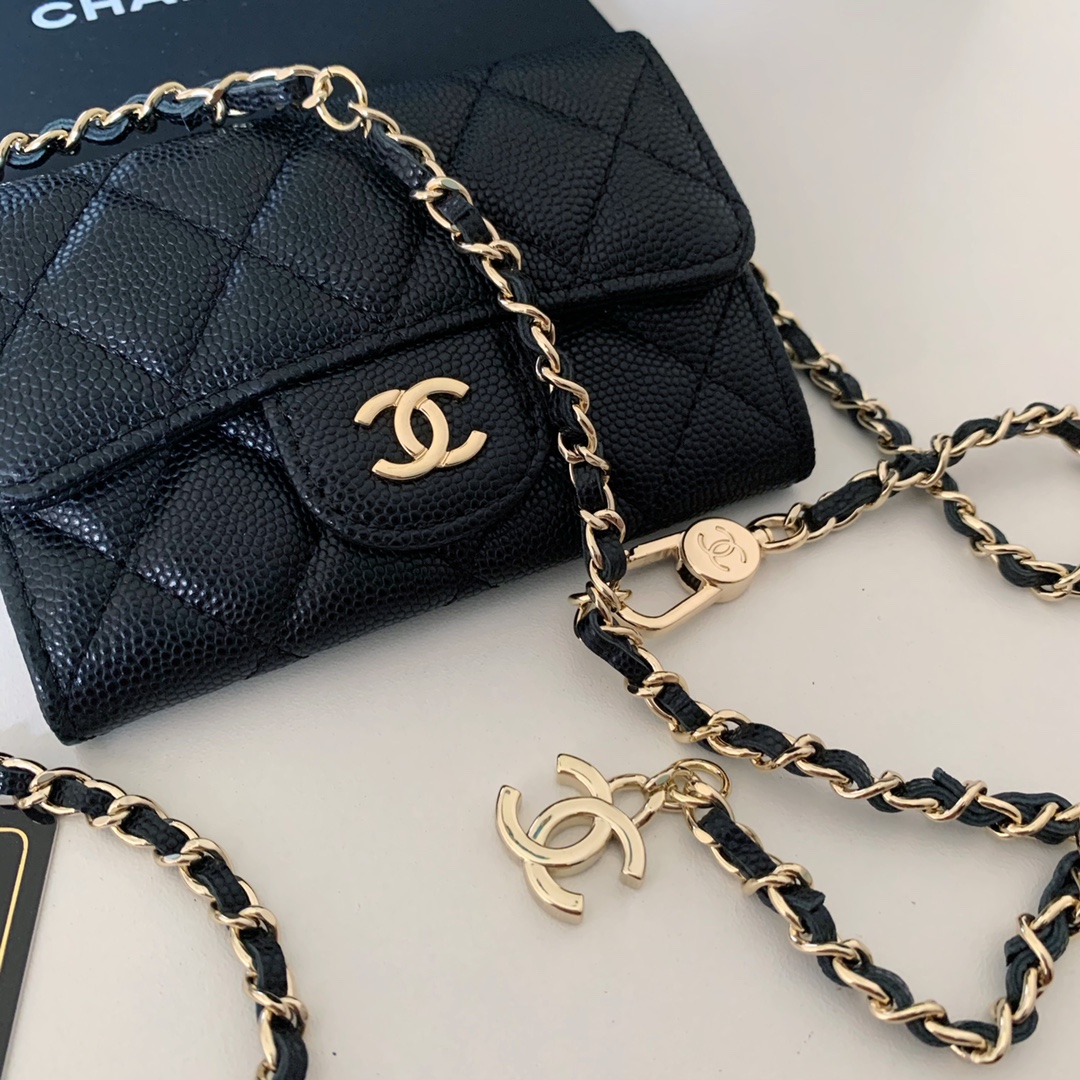 Bagsaaa Ch**el Flap Belt Bag Black Caviar - 11 ×2 ×7.5cm
