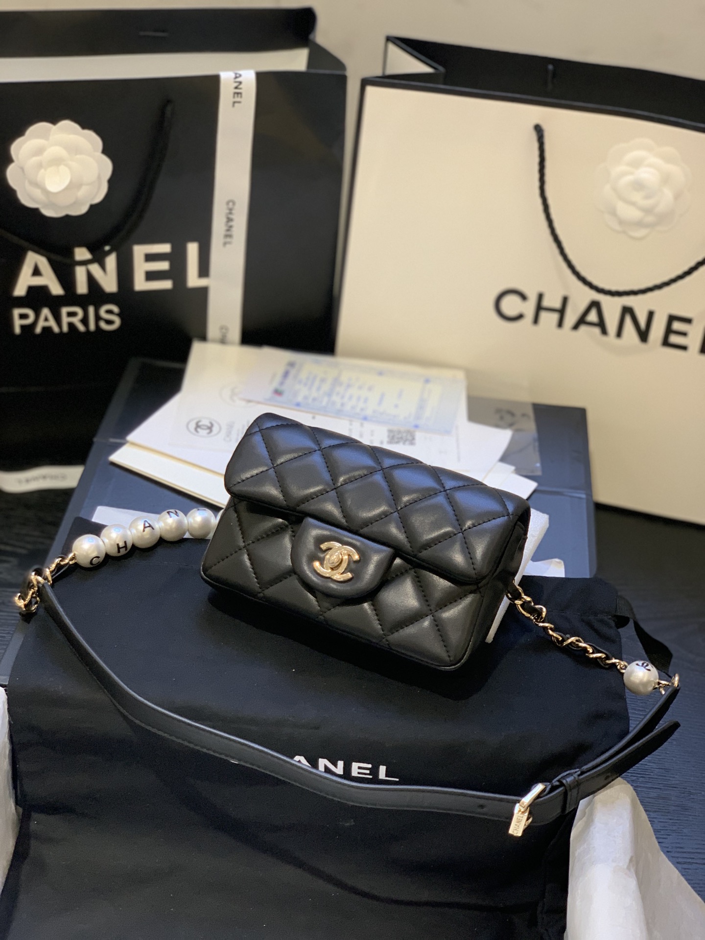 Bagsaaa Ch**el Classic Belt Bag With Pearl Chain Black - 18cm