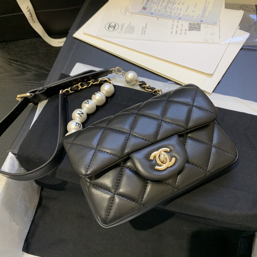 Bagsaaa Ch**el Classic Belt Bag With Pearl Chain Black - 18cm