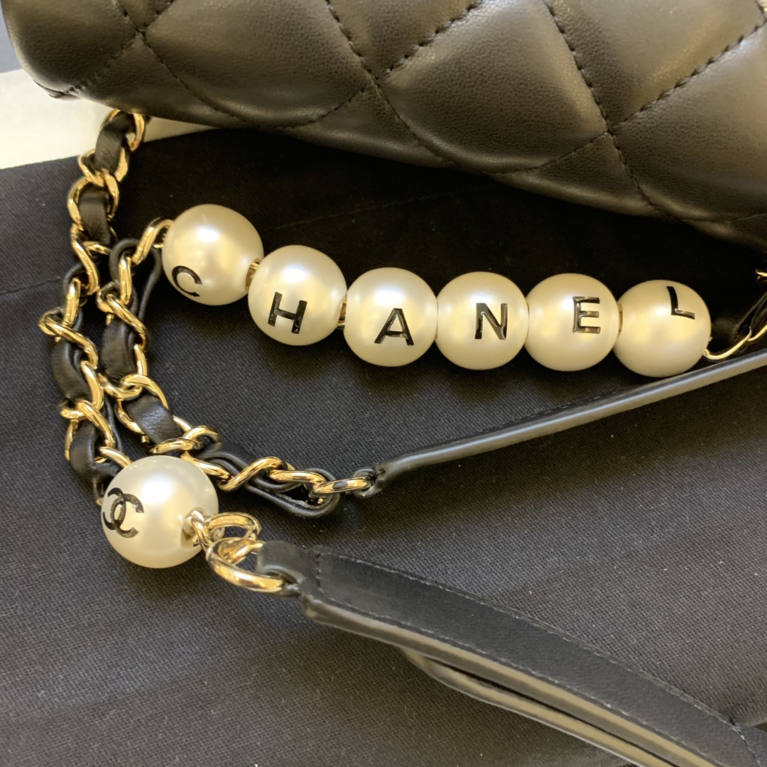 Bagsaaa Ch**el Classic Belt Bag With Pearl Chain Black - 18cm