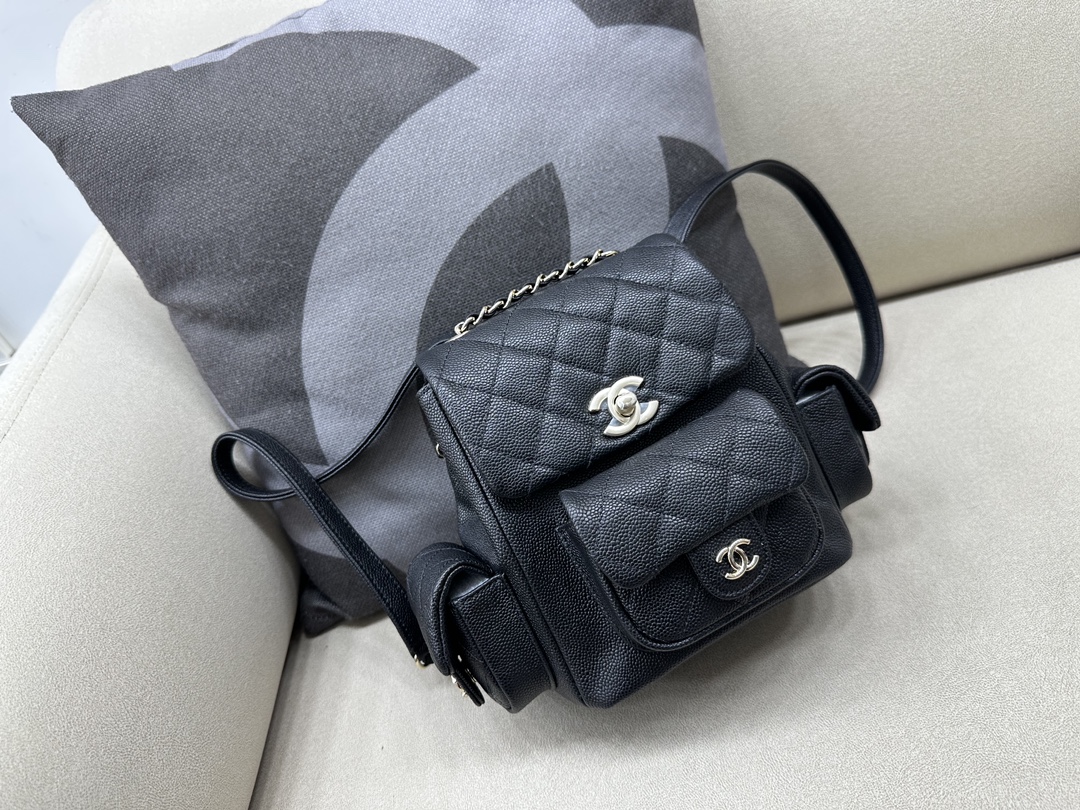 Bagsaaa Ch**el Duma Cargo Backpack Black Caviar Leather- 21.5x19.5x12cm