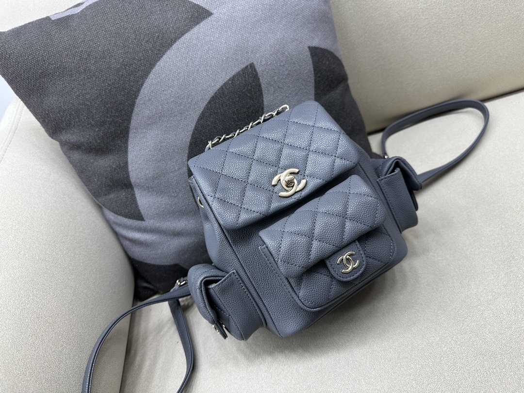 Bagsaaa Ch**el Duma Cargo Backpack Grey Caviar Leather - 21.5x19.5x12cm