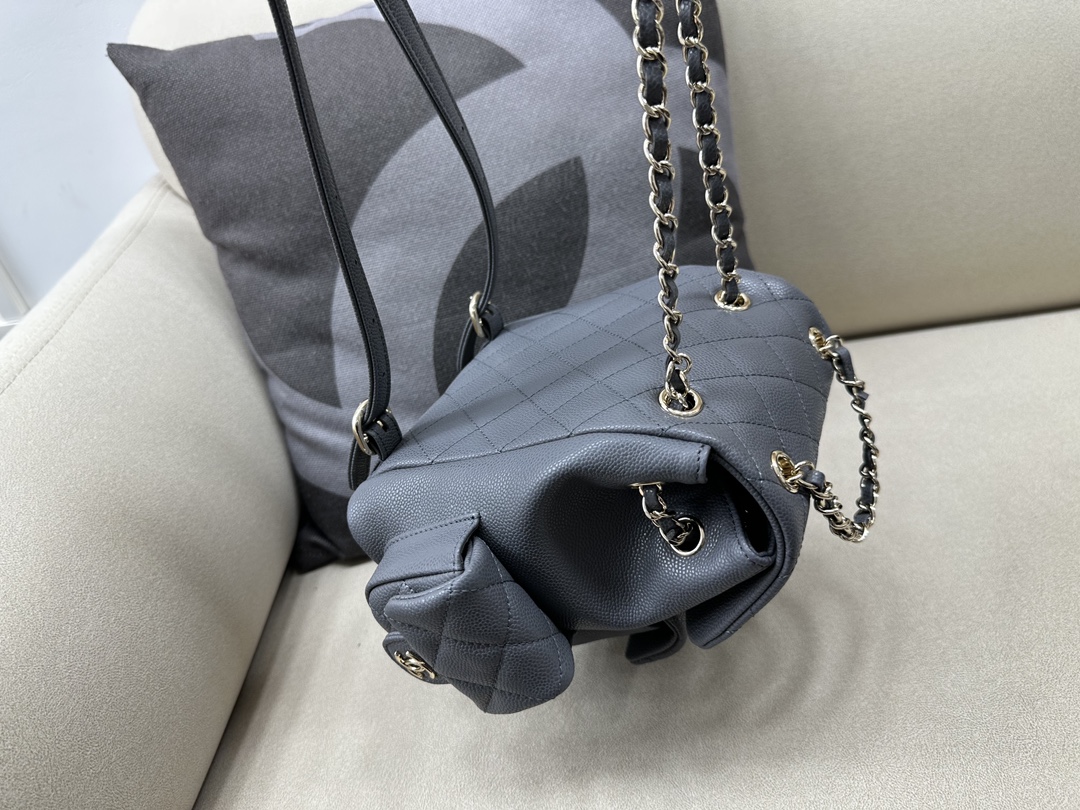 Bagsaaa Ch**el Duma Cargo Backpack Grey Caviar Leather - 21.5x19.5x12cm