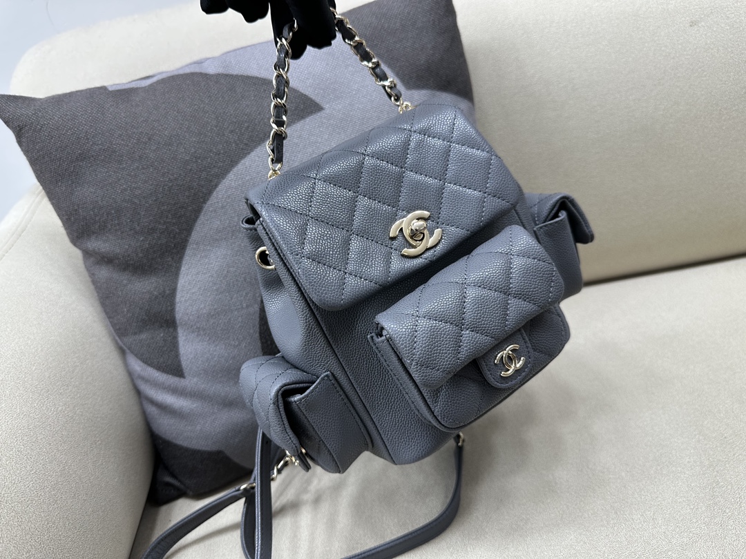 Bagsaaa Ch**el Duma Cargo Backpack Grey Caviar Leather - 21.5x19.5x12cm