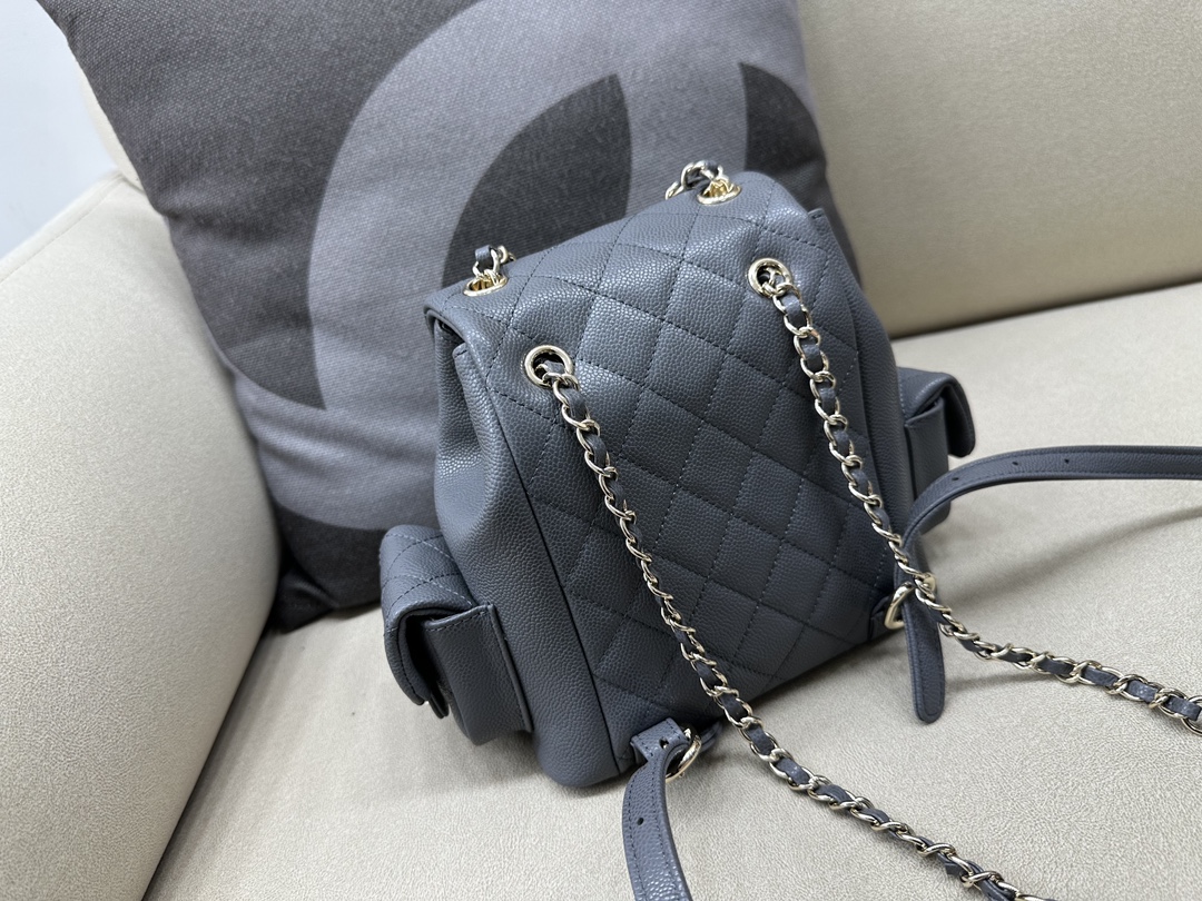 Bagsaaa Ch**el Duma Cargo Backpack Grey Caviar Leather - 21.5x19.5x12cm