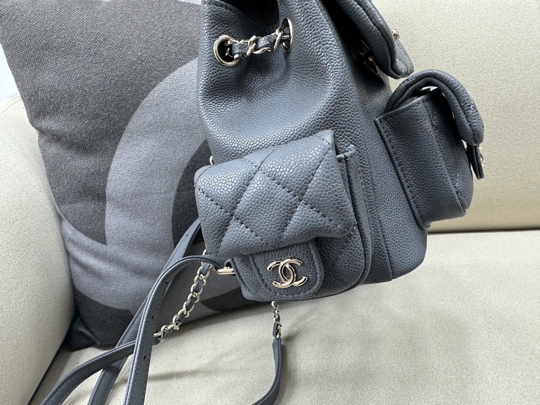Bagsaaa Ch**el Duma Cargo Backpack Grey Caviar Leather - 21.5x19.5x12cm
