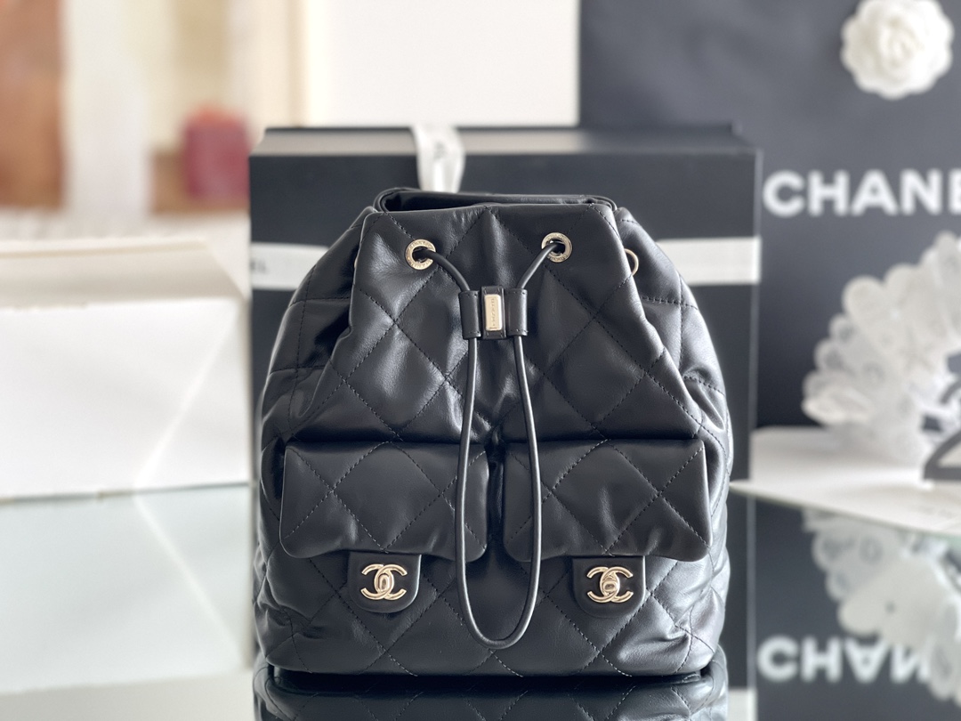 Bagsaaa Ch**el Backpack Bucket Lambskin Black Leather - 22x21x13cm