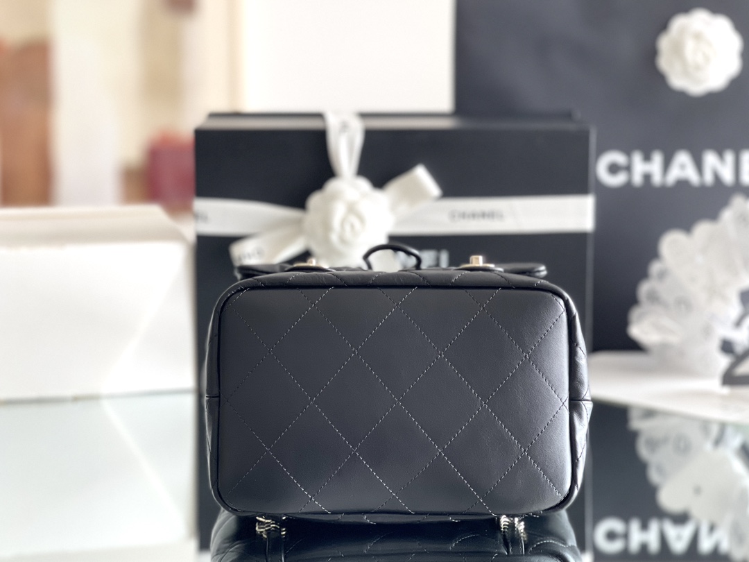 Bagsaaa Ch**el Backpack Bucket Lambskin Black Leather - 22x21x13cm