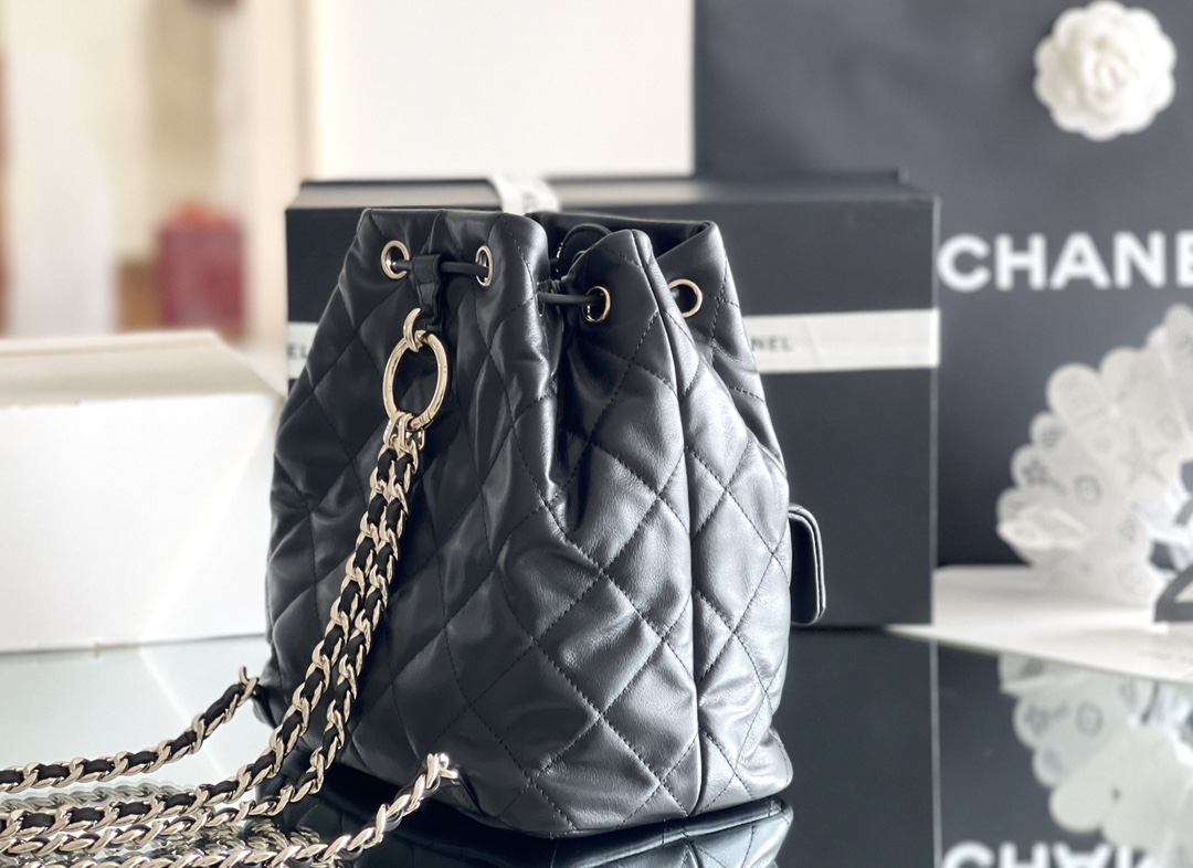 Bagsaaa Ch**el Backpack Bucket Lambskin Black Leather - 22x21x13cm