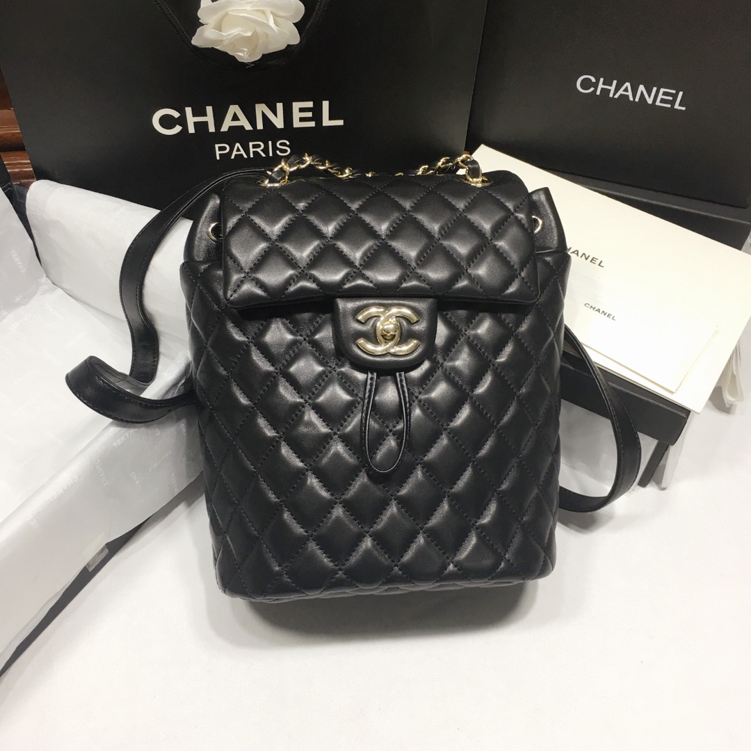 Bagsaaa Ch**el Urban Spirit Black Lambskin Leather Gold Hardware - 25X20X10CM