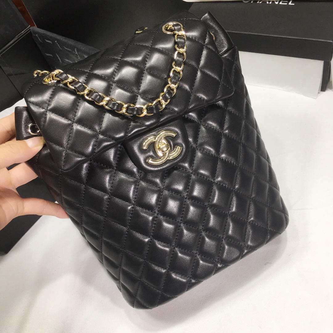 Bagsaaa Ch**el Urban Spirit Black Lambskin Leather Gold Hardware - 25X20X10CM