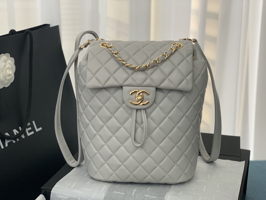 Bagsaaa Ch**el Urban Spirit Grey Lambskin Leather Gold Hardware - 25X20X10CM