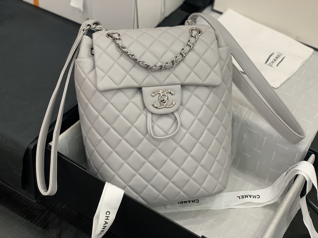 Bagsaaa Ch**el Urban Spirit Grey Lambskin Leather Silver Hardware - 25X20X10CM