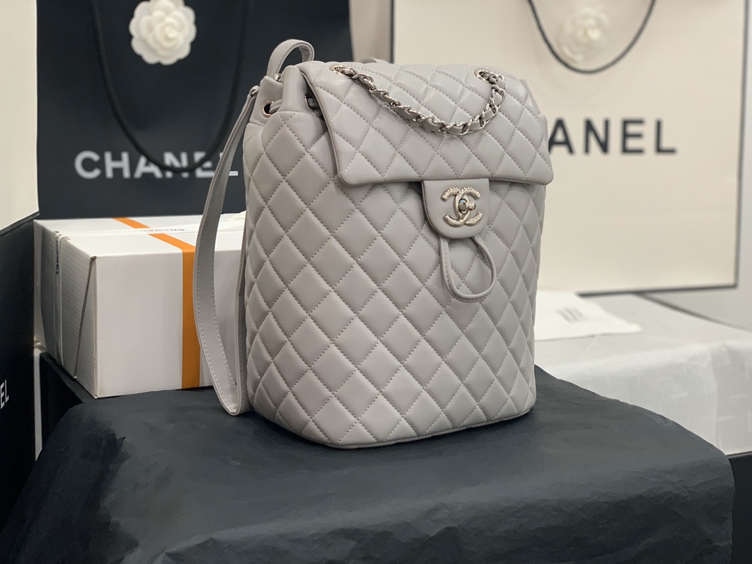 Bagsaaa Ch**el Urban Spirit Grey Lambskin Leather Silver Hardware - 25X20X10CM