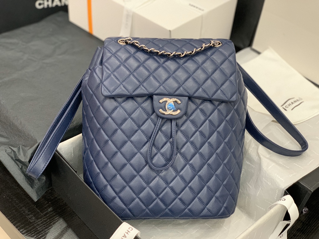 Bagsaaa Ch**el Urban Spirit Blue Lambskin Leather Gold Hardware - 30X25X15CM