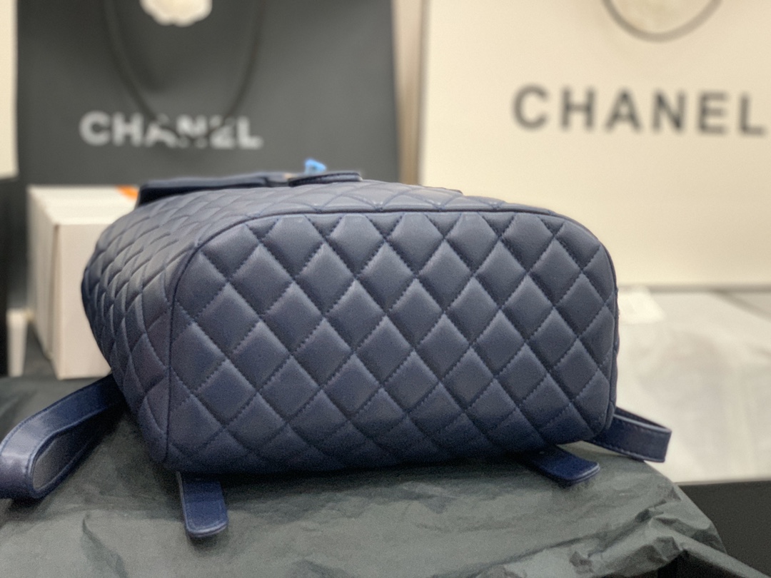 Bagsaaa Ch**el Urban Spirit Blue Lambskin Leather Gold Hardware - 30X25X15CM