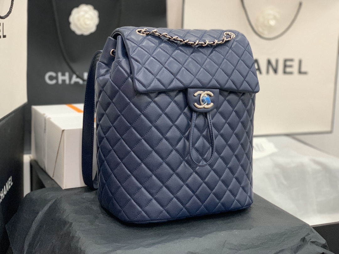 Bagsaaa Ch**el Urban Spirit Blue Lambskin Leather Gold Hardware - 30X25X15CM