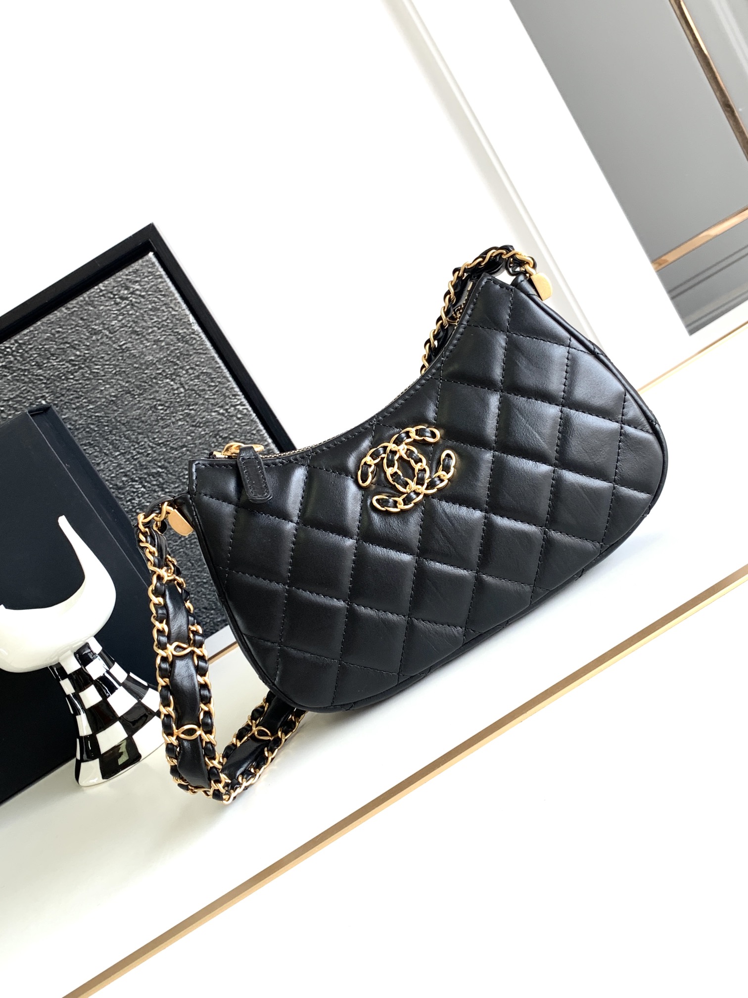 Bagsaaa Ch**el 19 Hobo Shoulder Black Bag - 28x18x5.5cm