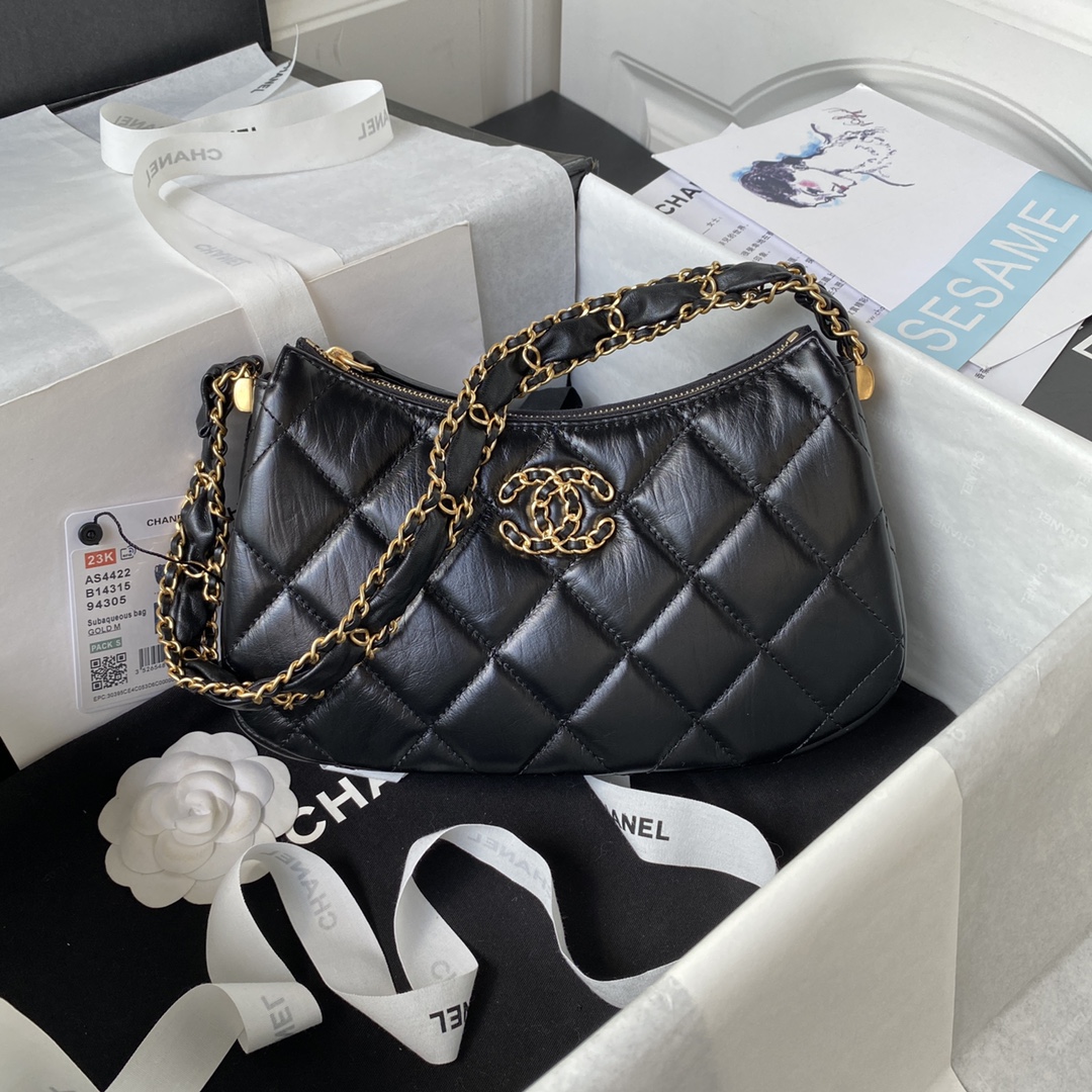 Bagsaaa Ch**el 19 Hobo Shoulder Black Bag - 13.5×23.5×5.3cm