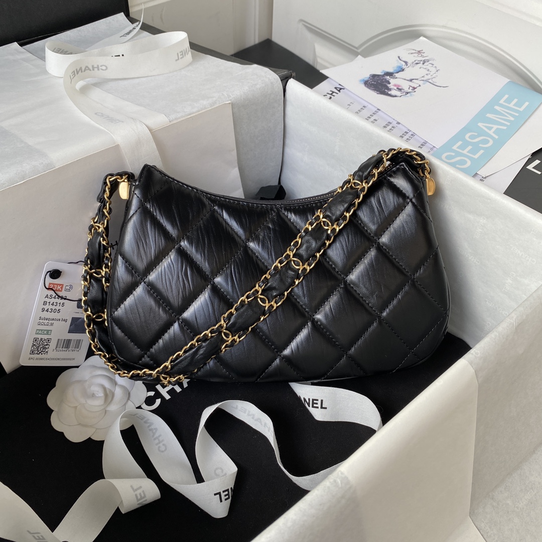 Bagsaaa Ch**el 19 Hobo Shoulder Black Bag - 13.5×23.5×5.3cm