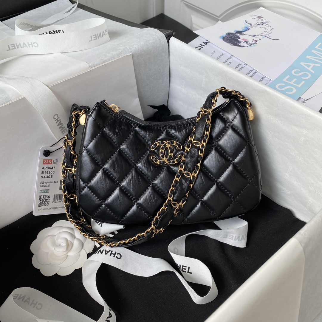 Bagsaaa Ch**el 19 Hobo Shoulder Black Bag - 12×20.5×4.5cm 