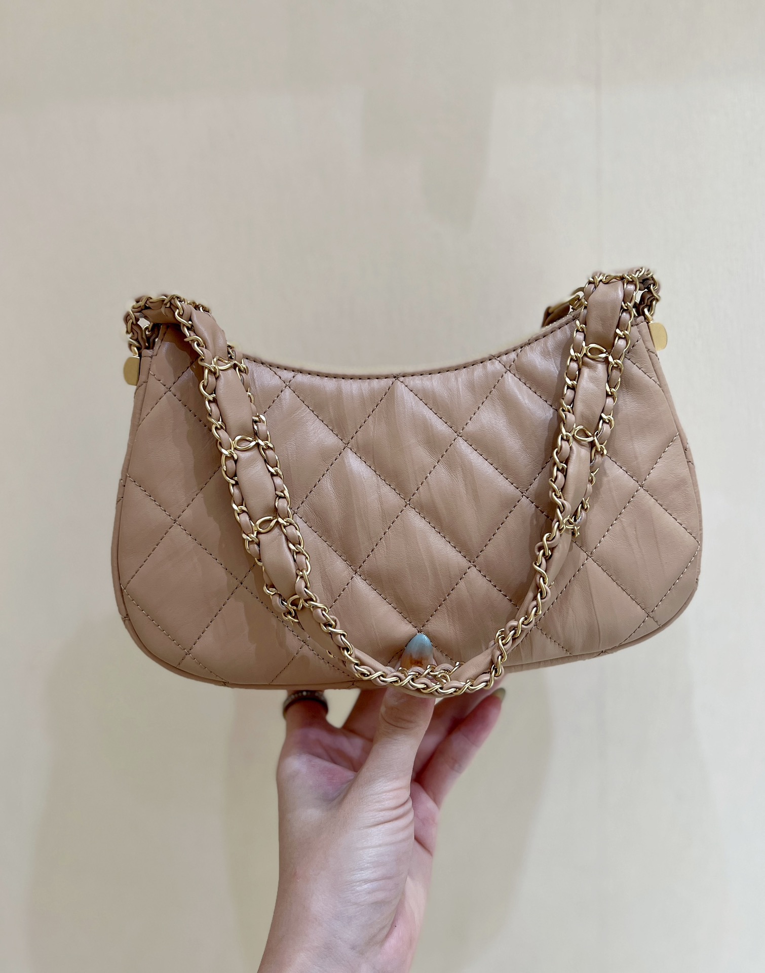 Bagsaaa Ch**el 19 Hobo Shoulder Beige Bag - 12×20.5×4.5cm