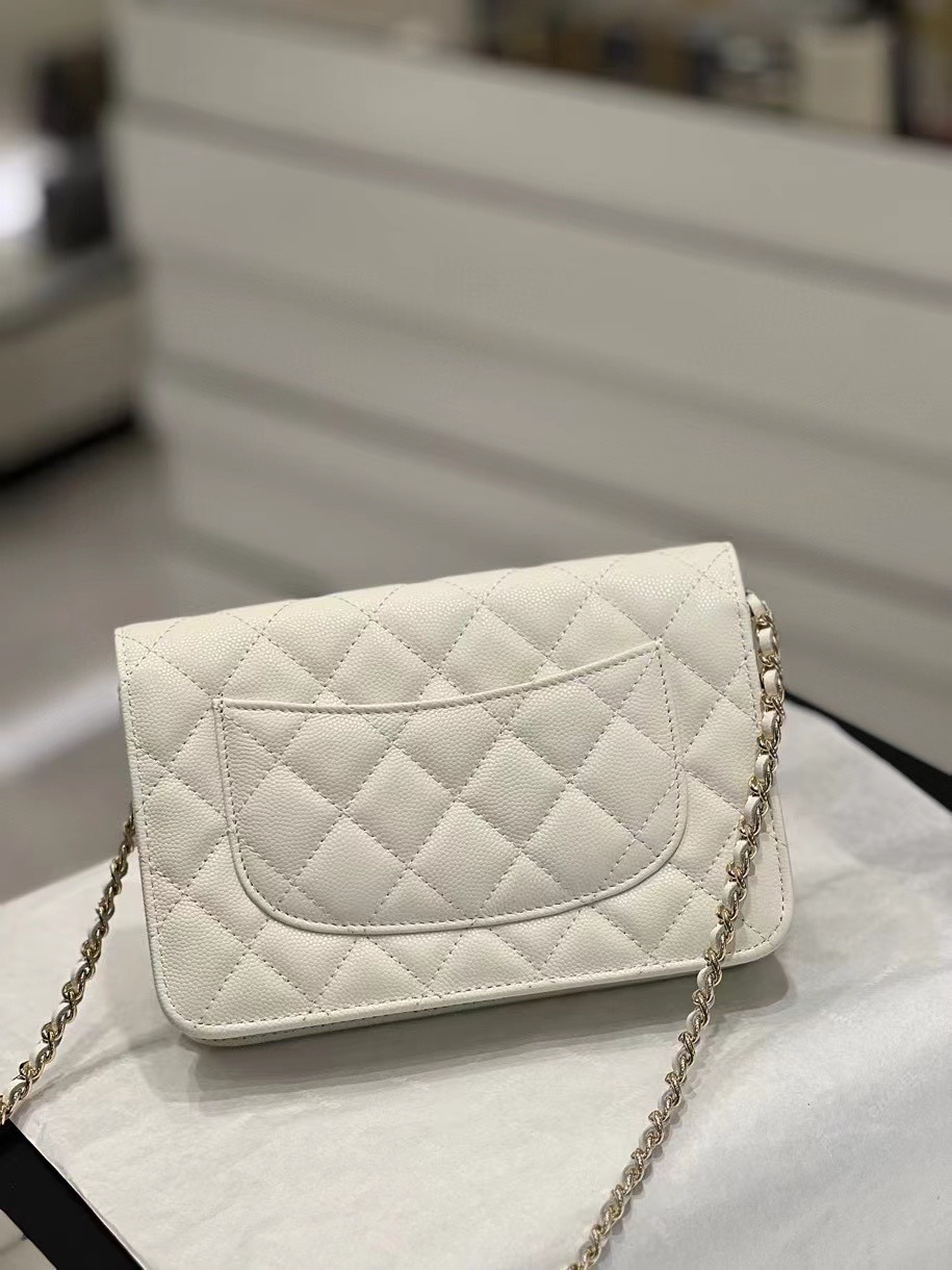 Bagsaaa Ch**el WOC White Caviar Leather With Crystal CC Logo - 19-3-12cm