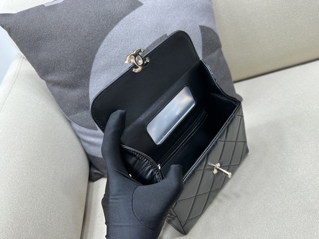 Bagsaaa Ch**el Mini Box Bag Shiny Calfskin & Gold-Tone Metal Black - 19x8x13.5cm