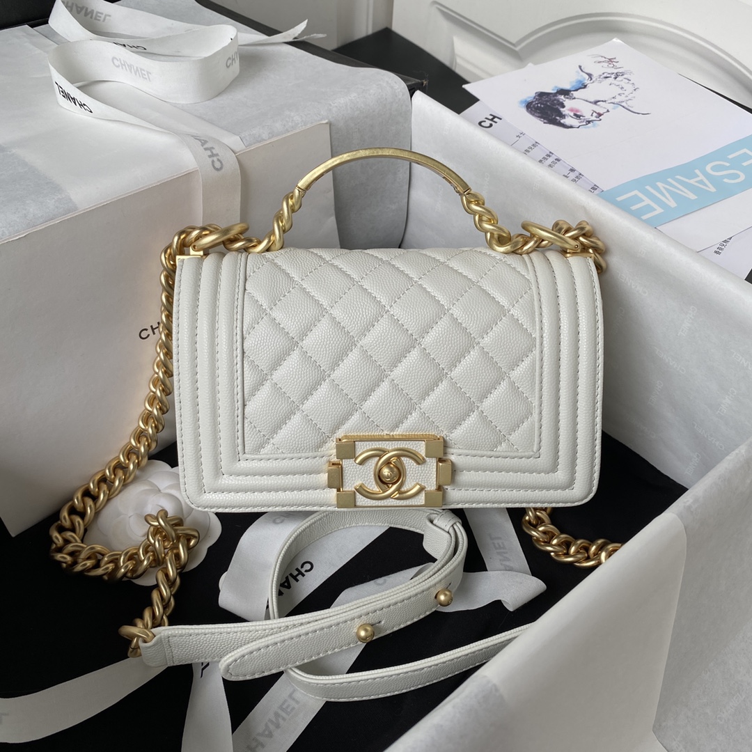 Bagsaaa Ch**el Le Boy Top Handle Caviar White 20cm