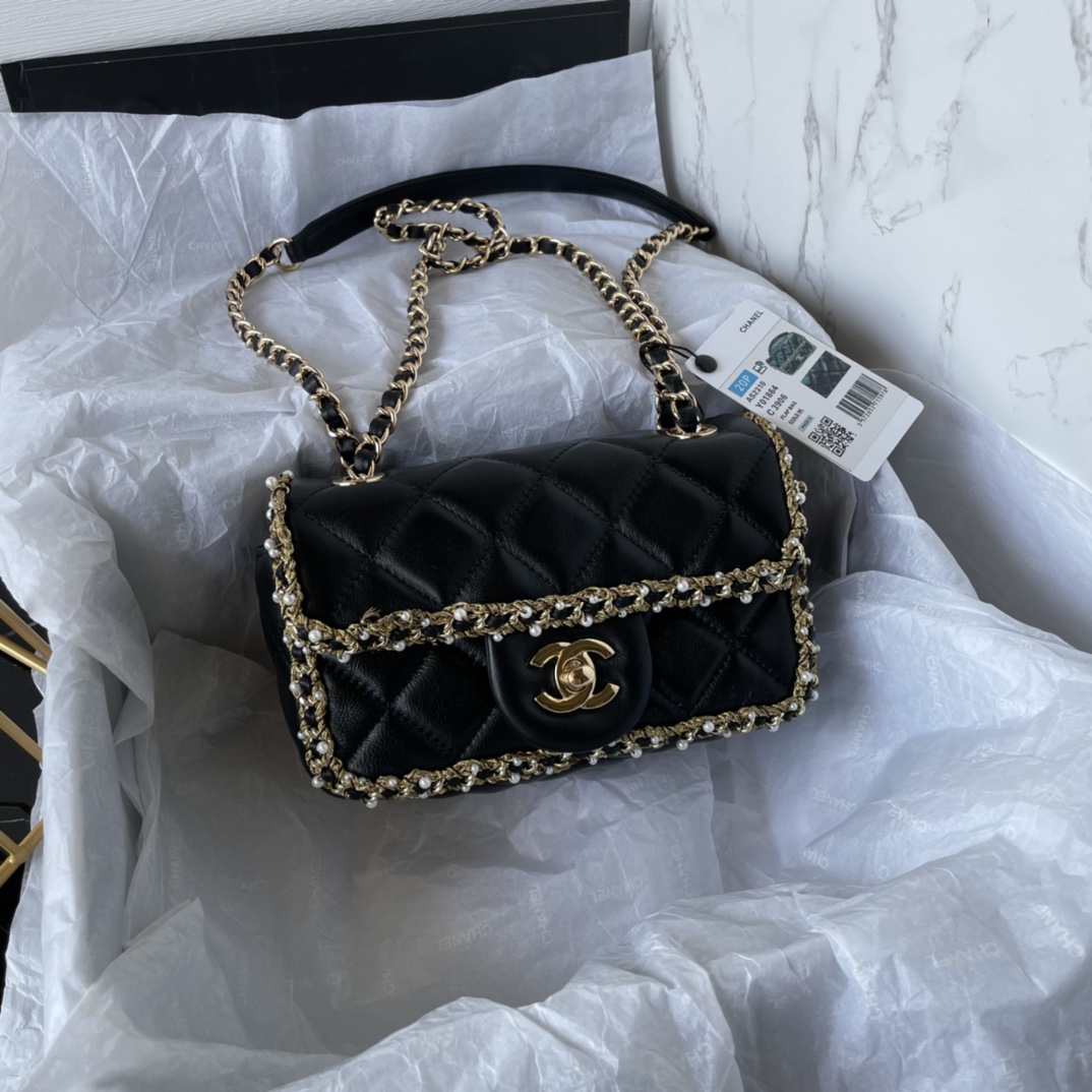 Bagsaaa Ch**el Flap Bag Pearl Edge Black - 19*12*7.5cm