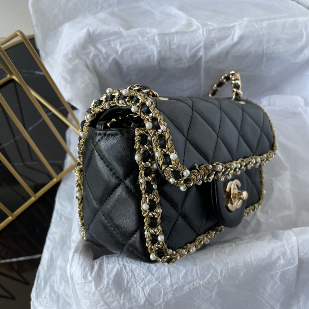 Bagsaaa Ch**el Flap Bag Pearl Edge Black - 19*12*7.5cm
