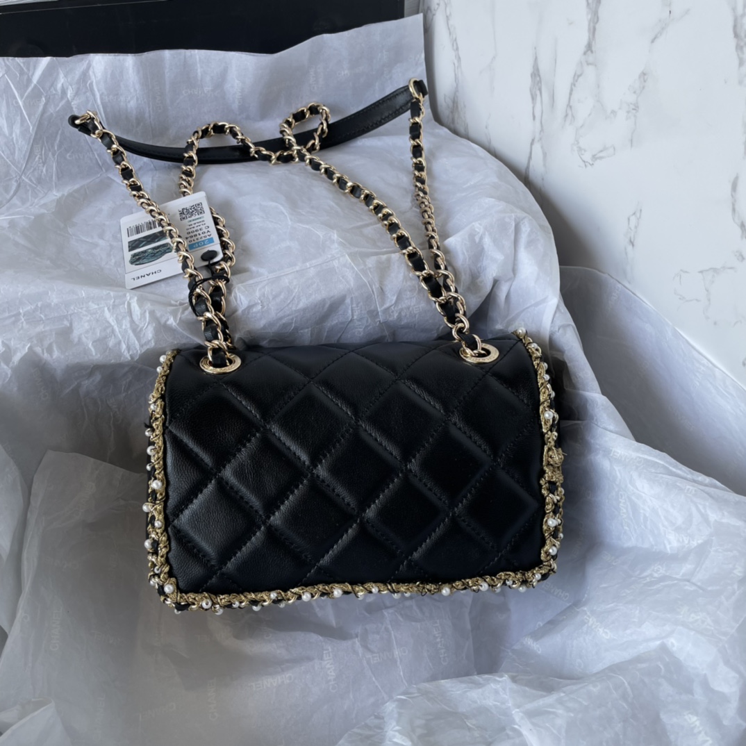 Bagsaaa Ch**el Flap Bag Pearl Edge Black - 19*12*7.5cm