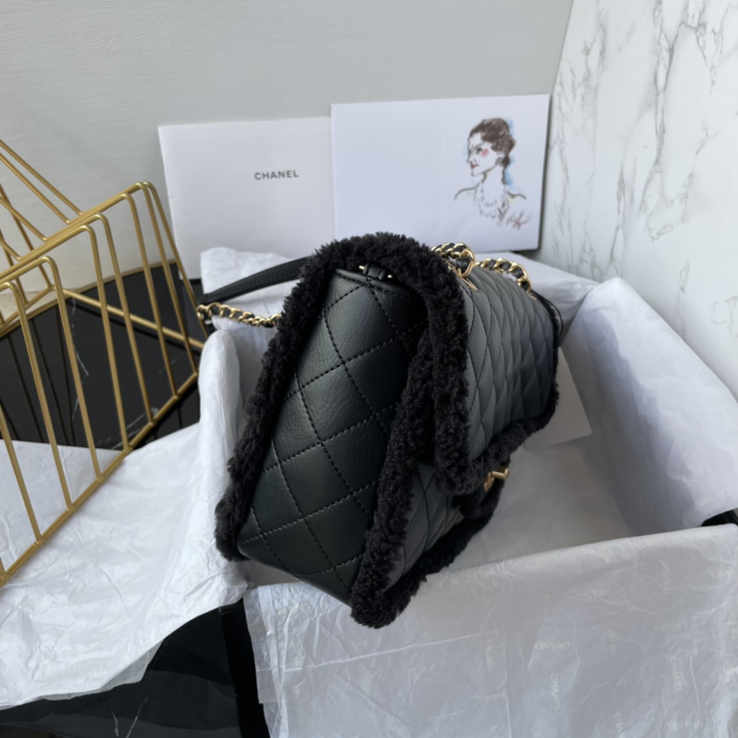 Bagsaaa Ch**el Flap Bag Shearling Black Bag - 26X15X7.5cm