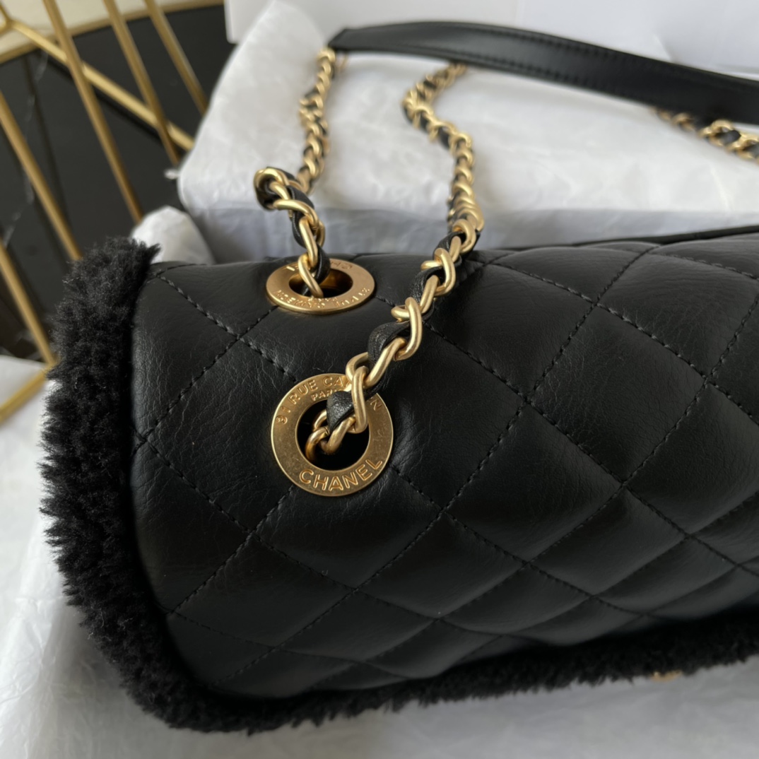 Bagsaaa Ch**el Flap Bag Shearling Black Bag - 26X15X7.5cm