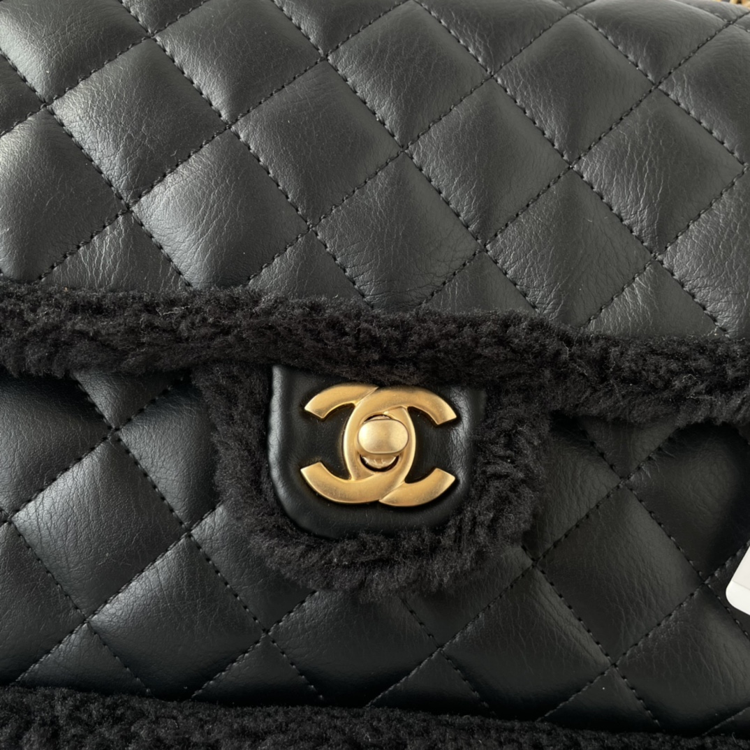 Bagsaaa Ch**el Flap Bag Shearling Black Bag - 26X15X7.5cm