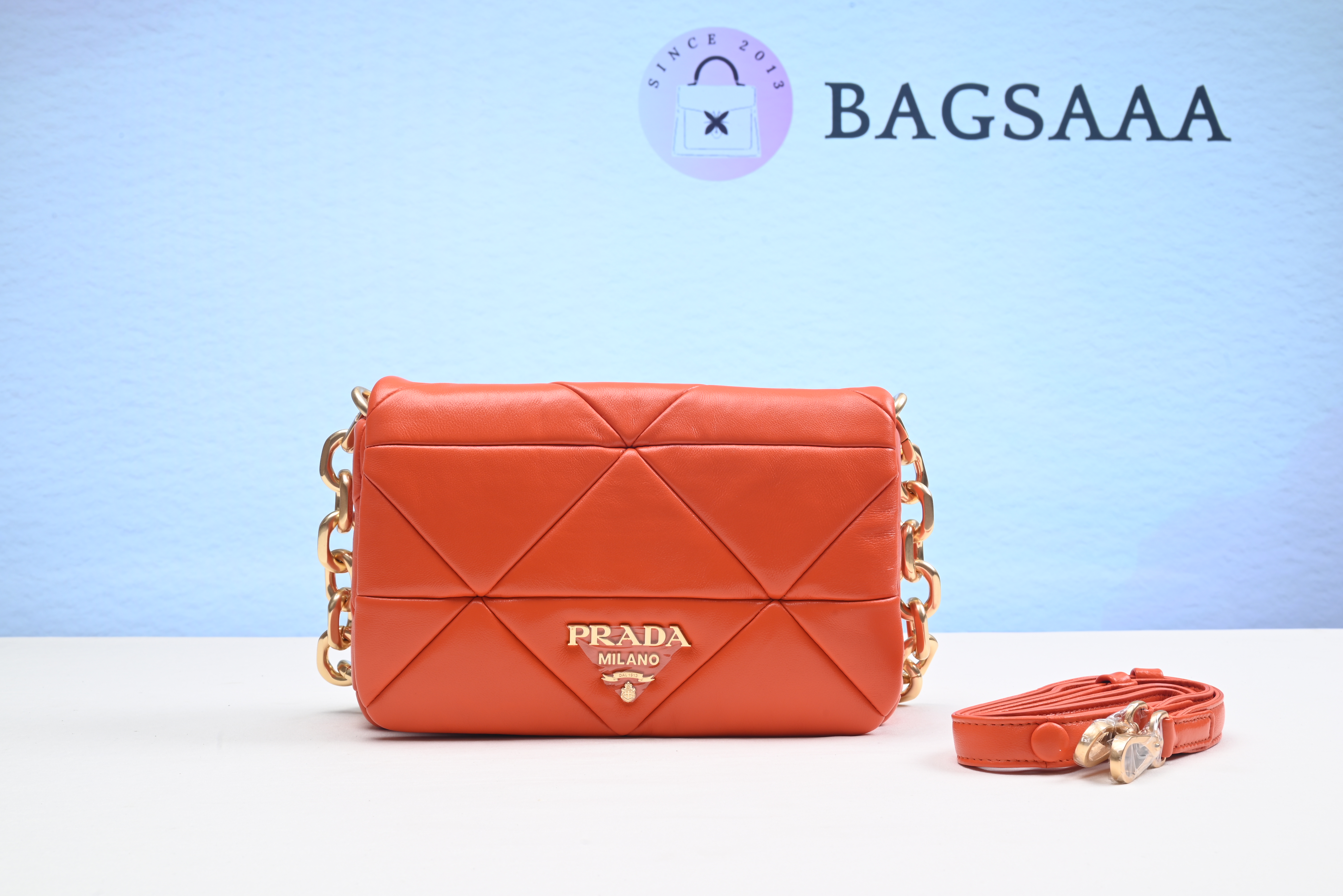 Bagsaaa Pra*a System nappa patchwork shoulder bag orange - 21*15*6.5cm
