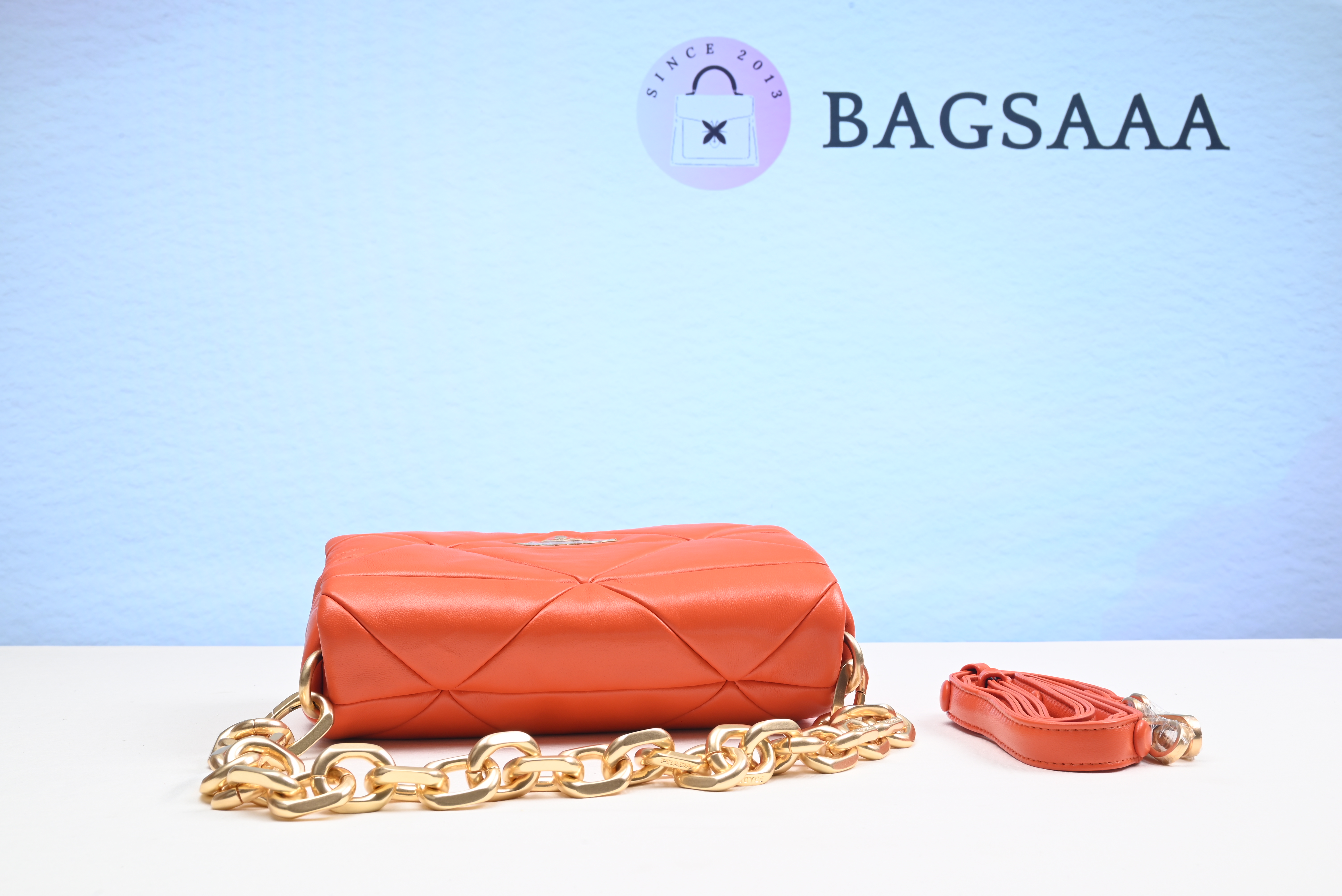 Bagsaaa Pra*a System nappa patchwork shoulder bag orange - 21*15*6.5cm