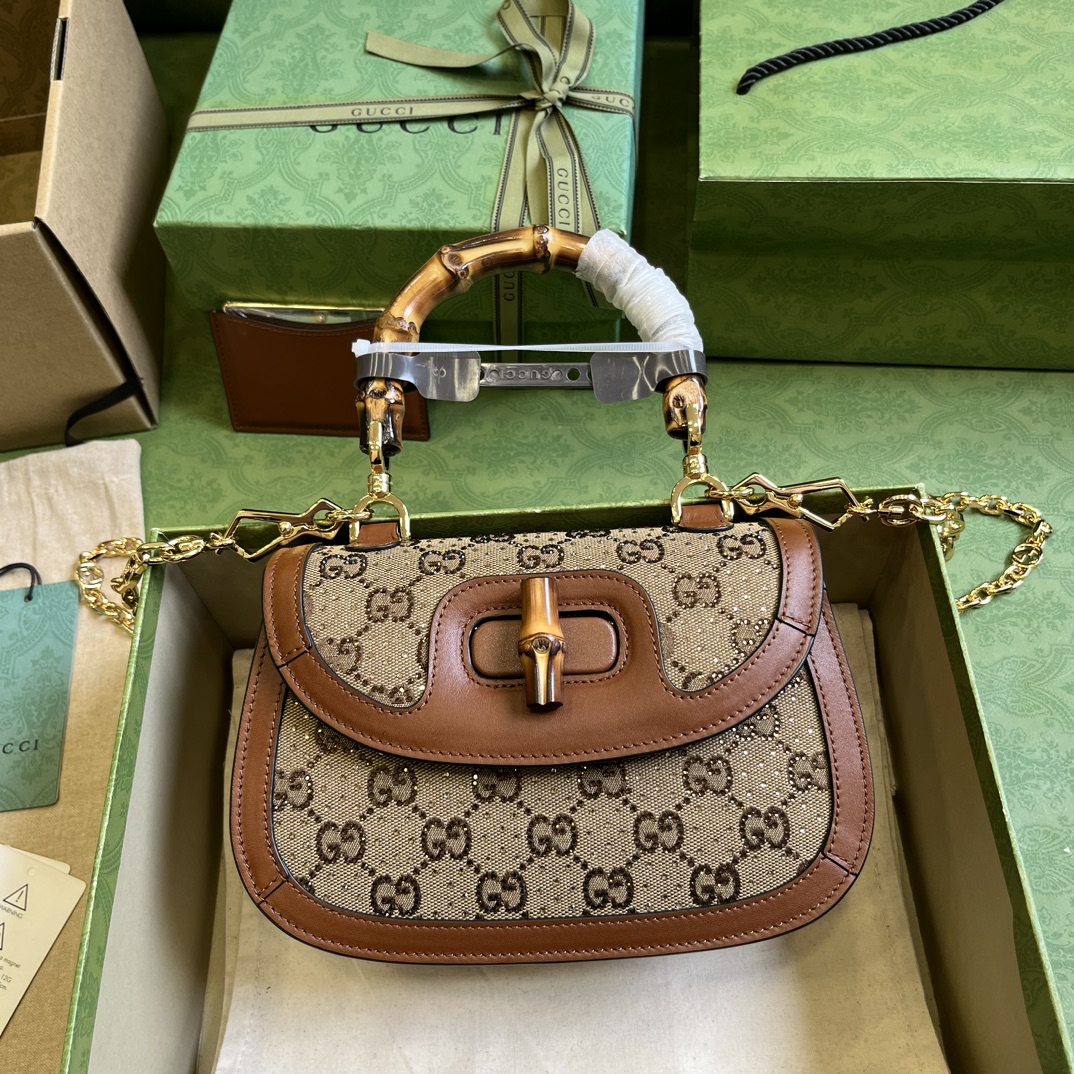 Bagsaaa Bamboo 1947 Top Handle Brown Crystal Bag - 21x 15x 7cm