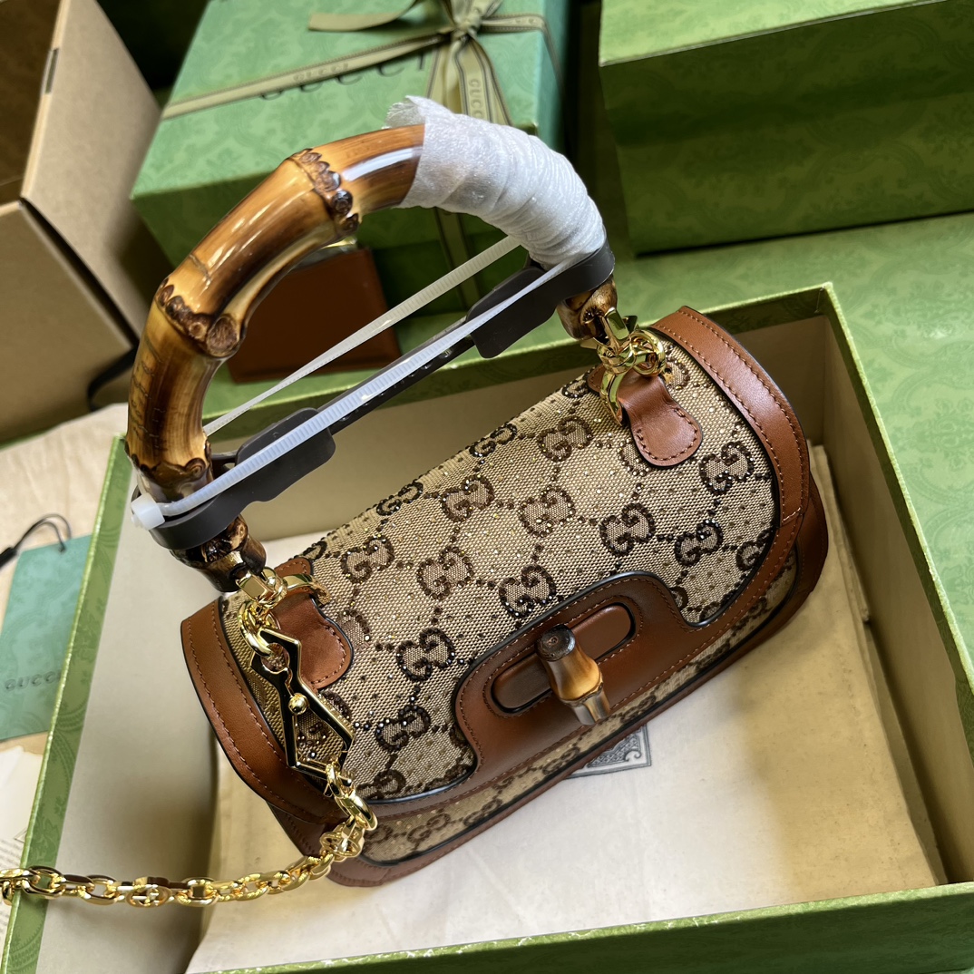 Bagsaaa Bamboo 1947 Top Handle Brown Crystal Bag - 21x 15x 7cm