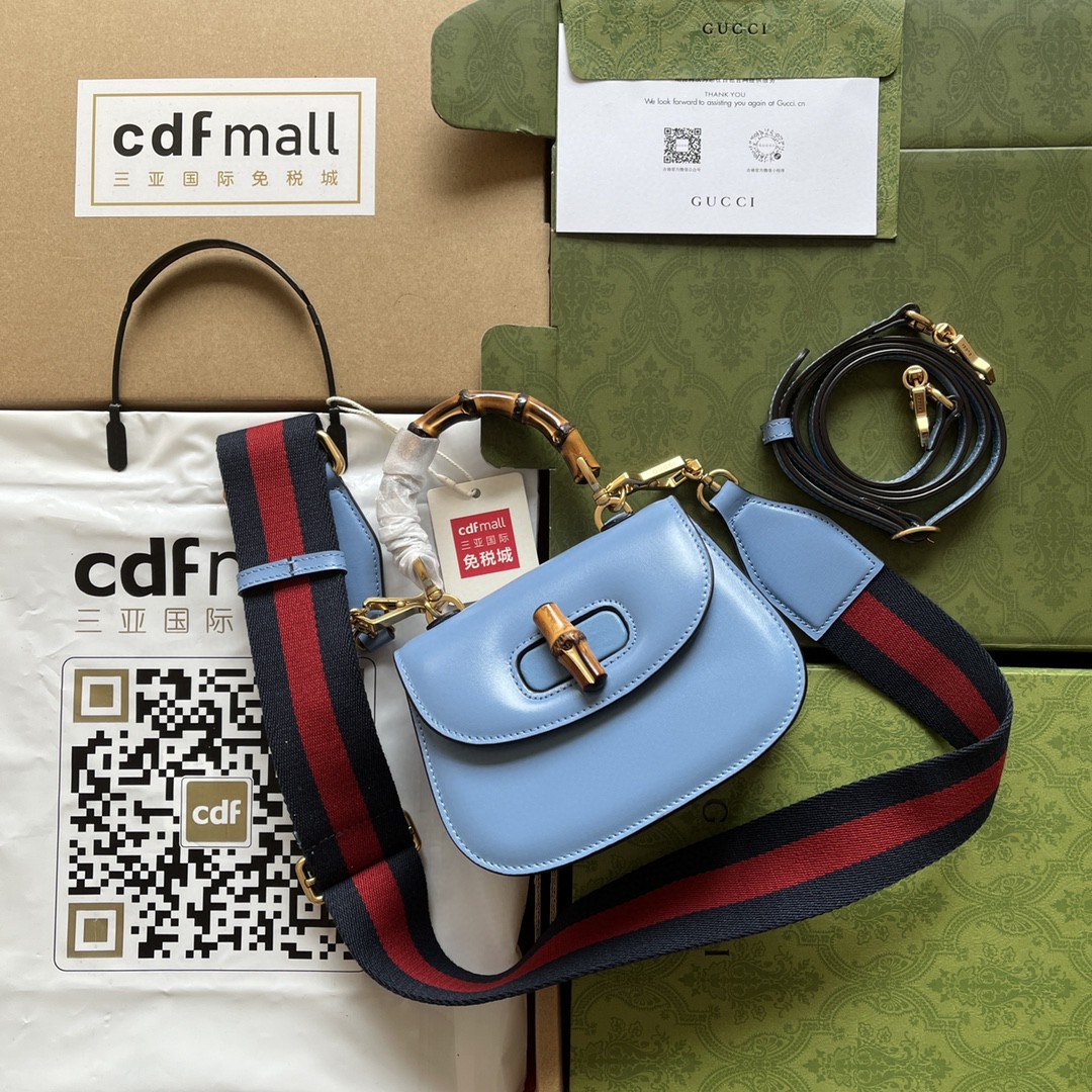 Bagsaaa Bamboo 1947 Mini Top Handle Blue Leather Bag - 17x12.5x8cm