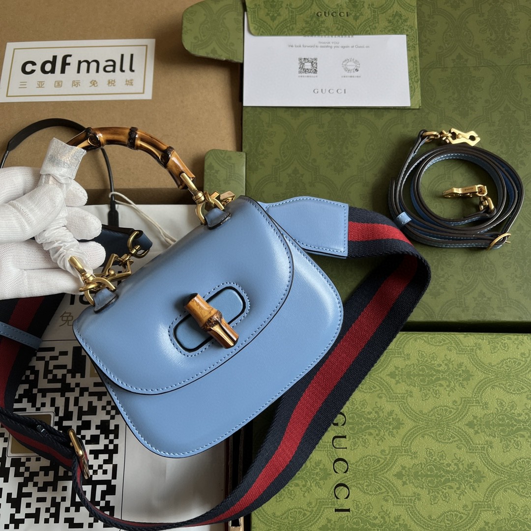 Bagsaaa Bamboo 1947 Mini Top Handle Blue Leather Bag - 17x12.5x8cm