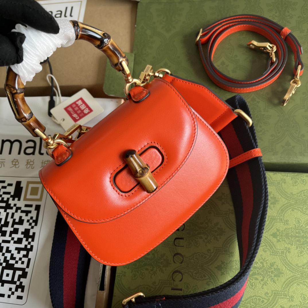 Bagsaaa Bamboo 1947 Mini Top Handle Orange Leather Bag - 17x12.5x8cm