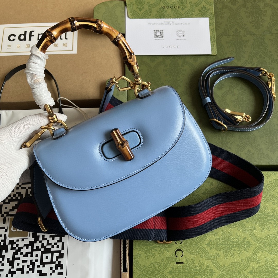 Bagsaaa Bamboo 1947 Top Handle Blue Leather Bag - 21*15*7cm