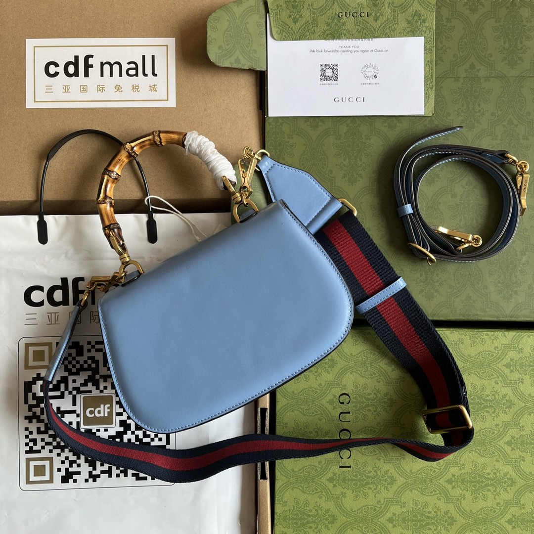 Bagsaaa Bamboo 1947 Top Handle Blue Leather Bag - 21*15*7cm