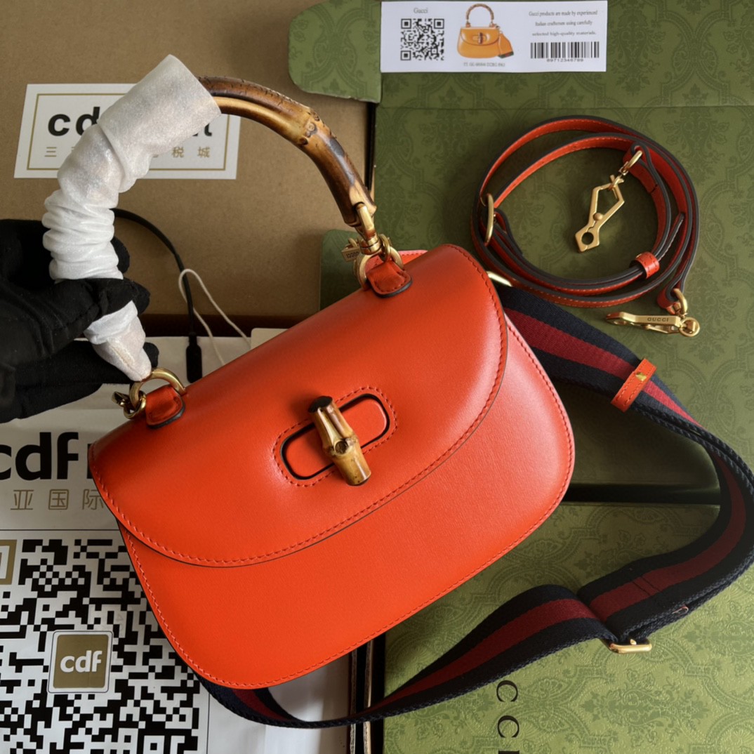 Bagsaaa Bamboo 1947 Top Handle Orange Leather Bag - 21*15*7cm