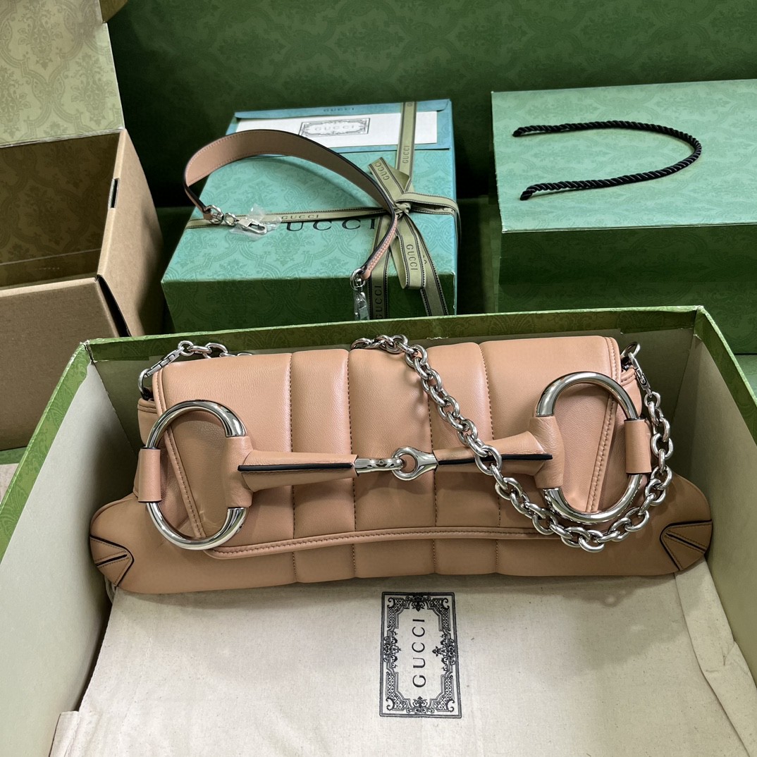 Bagsaaa Gvc*1 Horsebit Chain Medium Shoulder Bag In Rose Beige 