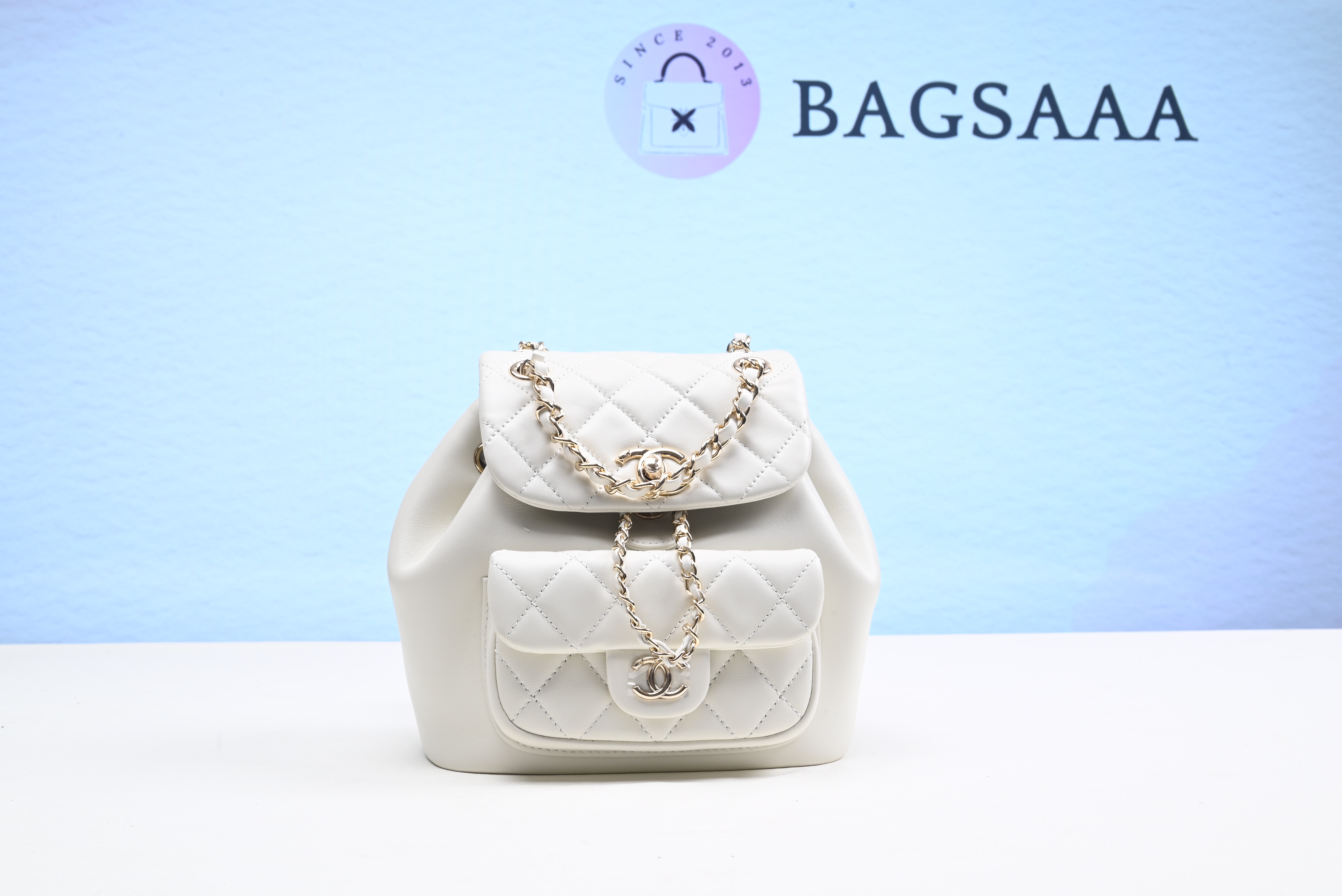 Bagsaaa Ch**el Duma Backpack White Lambskin - 18x18x12cm